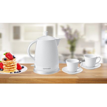 Concept RK0040 - Elektriskā tējkanna 1,5 l 1500W/230V balta/keramika + 2 tasītes ar apakštasītēm
