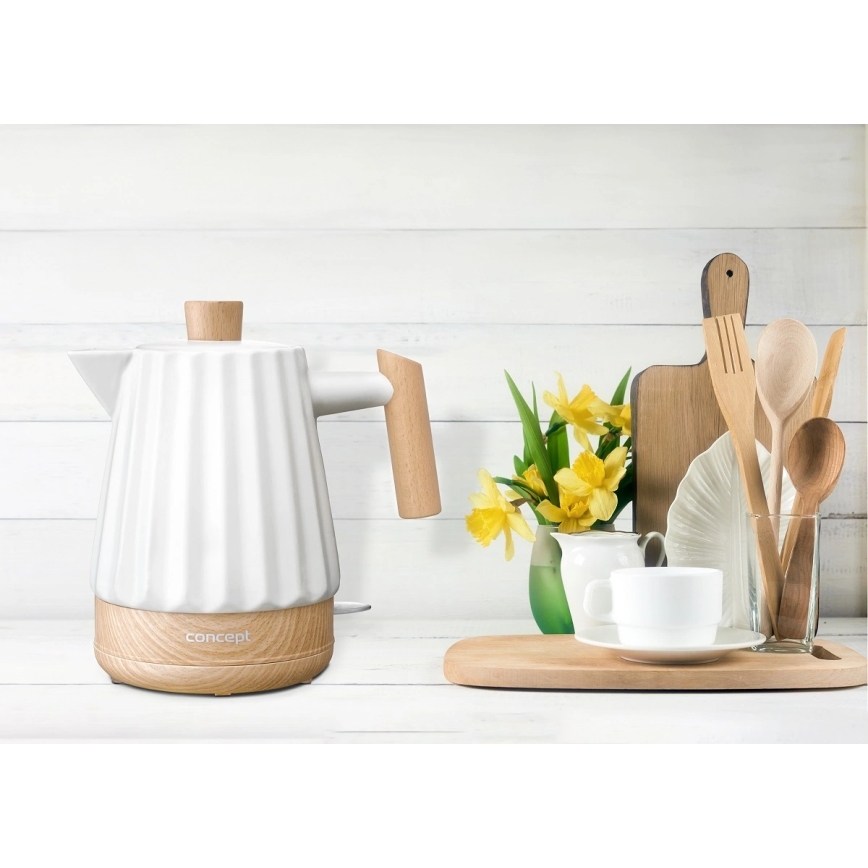 Concept RK0090 - ātrā elektriskā tējkanna 1,5 l 1500W/230V balta/koka dekors/keramika