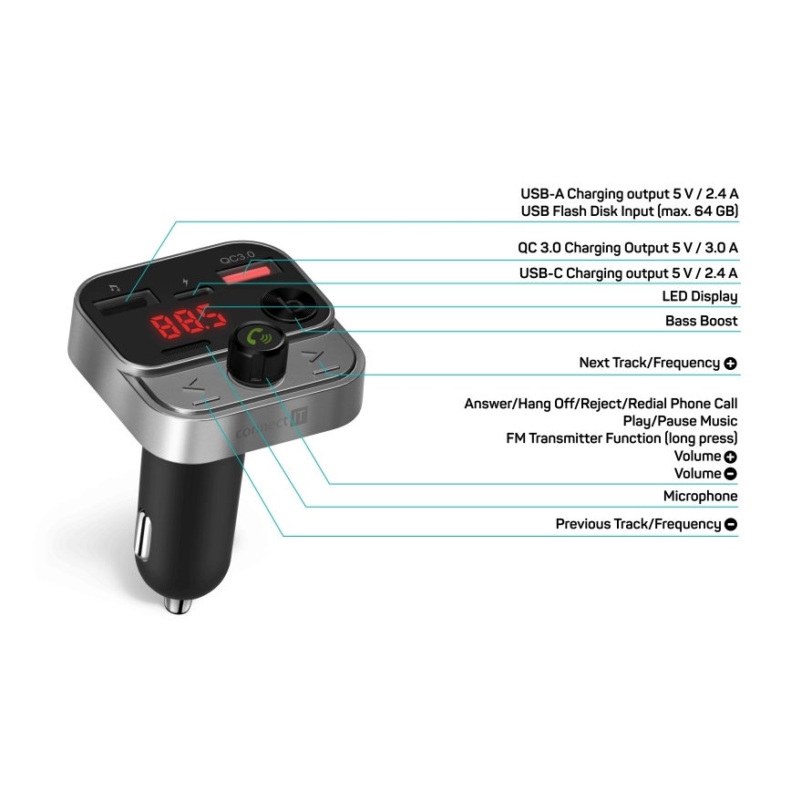 CONNECT IT CCC-8900-AN - FM auto raidītājs ar brīvroku funkciju melna/sudraba