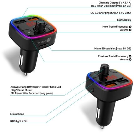 CONNECT IT CCC-9090-BK - LED RGB FM auto raidītājs ar brīvroku funkciju melna