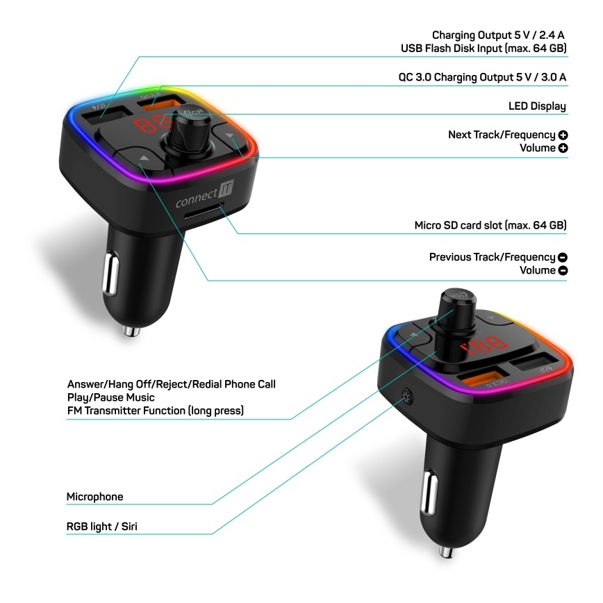 CONNECT IT CCC-9090-BK - LED RGB FM auto raidītājs ar brīvroku funkciju melna