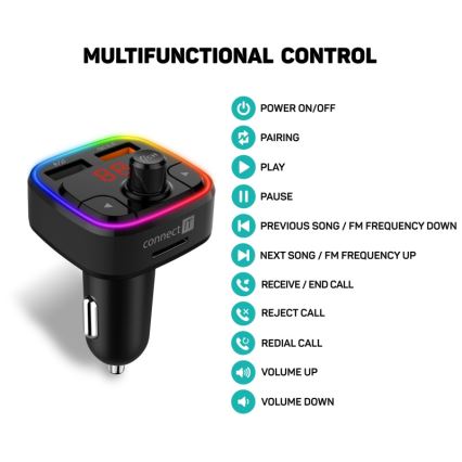 CONNECT IT CCC-9090-BK - LED RGB FM auto raidītājs ar brīvroku funkciju melna
