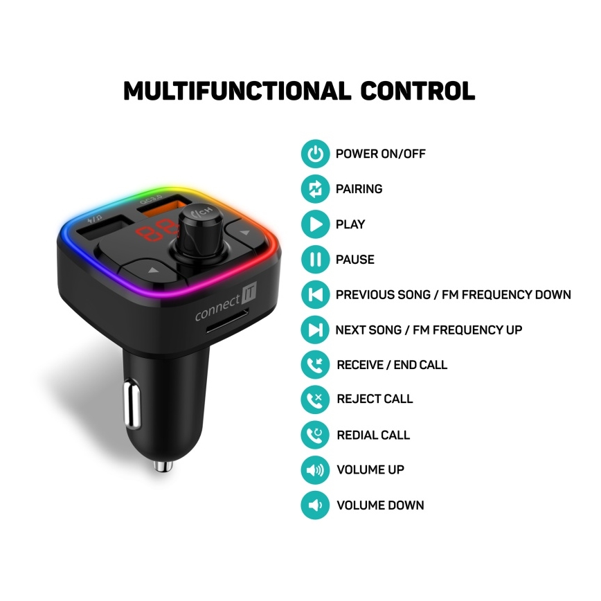 CONNECT IT CCC-9090-BK - LED RGB FM auto raidītājs ar brīvroku funkciju melna