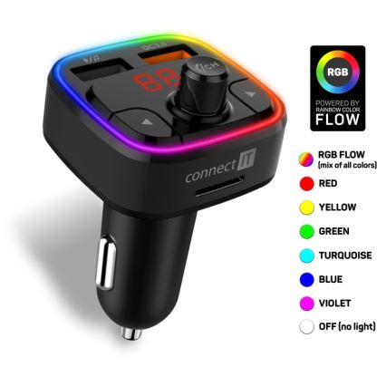 CONNECT IT CCC-9090-BK - LED RGB FM auto raidītājs ar brīvroku funkciju melna