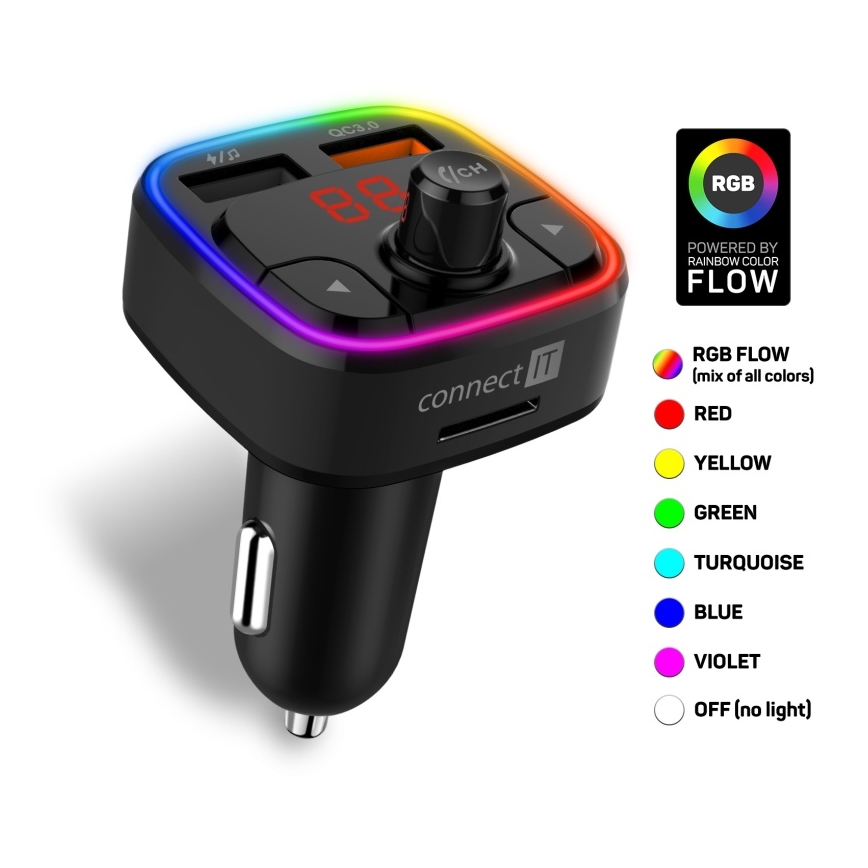CONNECT IT CCC-9090-BK - LED RGB FM auto raidītājs ar brīvroku funkciju melna