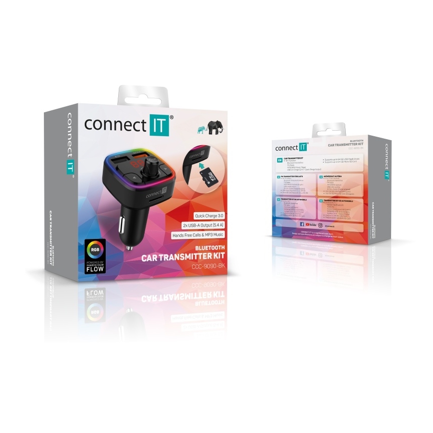 CONNECT IT CCC-9090-BK - LED RGB FM auto raidītājs ar brīvroku funkciju melna