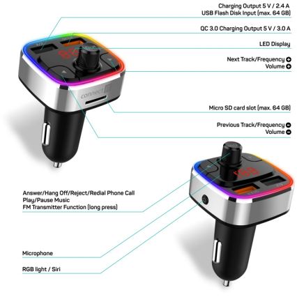 CONNECT IT CCC-9090-SL - LED RGB FM auto raidītājs ar brīvroku funkciju melna/sudraba