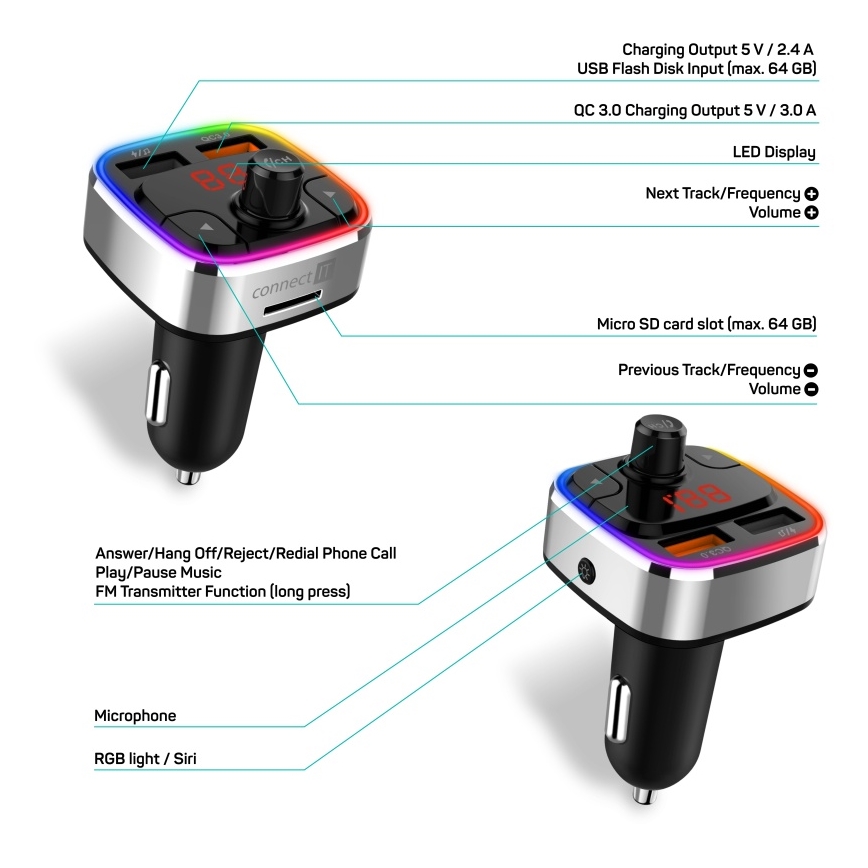 CONNECT IT CCC-9090-SL - LED RGB FM auto raidītājs ar brīvroku funkciju melna/sudraba