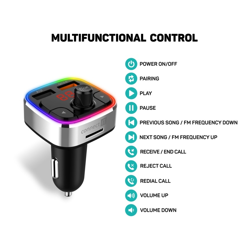 CONNECT IT CCC-9090-SL - LED RGB FM auto raidītājs ar brīvroku funkciju melna/sudraba