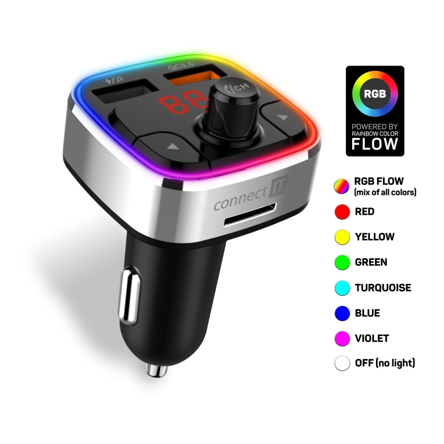 CONNECT IT CCC-9090-SL - LED RGB FM auto raidītājs ar brīvroku funkciju melna/sudraba