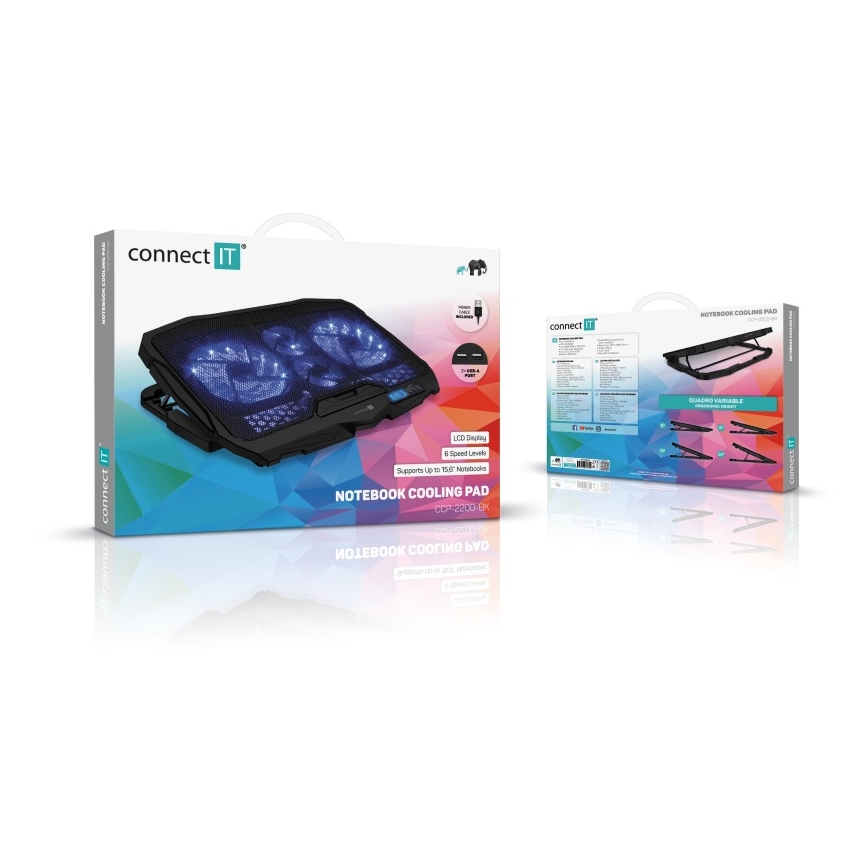 CONNECT IT CCP-2200-BK - Dzesēšanas paliktnis portatīvajam datoram 4x ventilators 2xUSB melna//zila