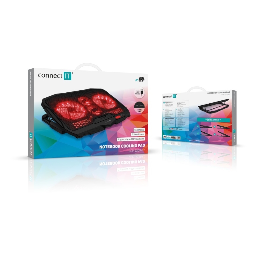 CONNECT IT CCP-2200-RD - Dzesēšanas paliktnis portatīvajam datoram 4x ventilators 2xUSB melna/sarkana