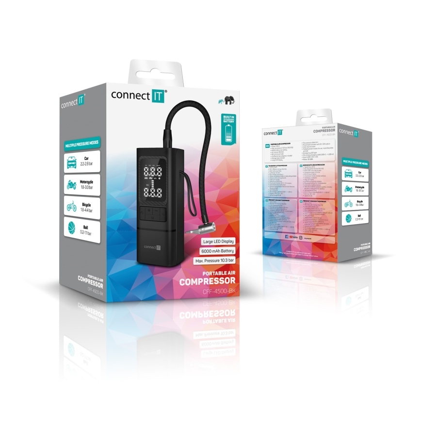 CONNECT IT CFF-4500-BK - Digitālais kabatas kompresors AirFlow 80W/6000 mAh melns