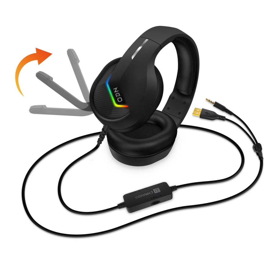 CONNECT IT CHP-3595-BK - LED RGB Vadu spēļu austiņas ar mikrofonu melna