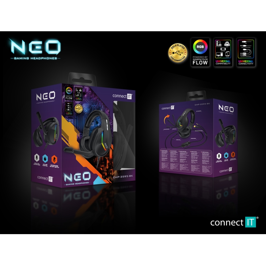 CONNECT IT CHP-3595-BK - LED RGB Vadu spēļu austiņas ar mikrofonu melna
