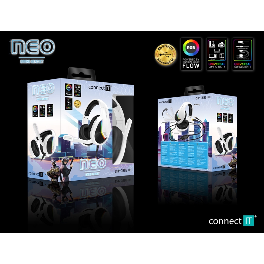 CONNECT IT CHP-3595-WH - LED RGB Vadu spēļu austiņas ar mikrofonu balta/melna