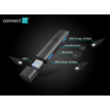 CONNECT IT CHU-4060-AN - USB-A hub ar atmiņas kartes lasītāju 4in1