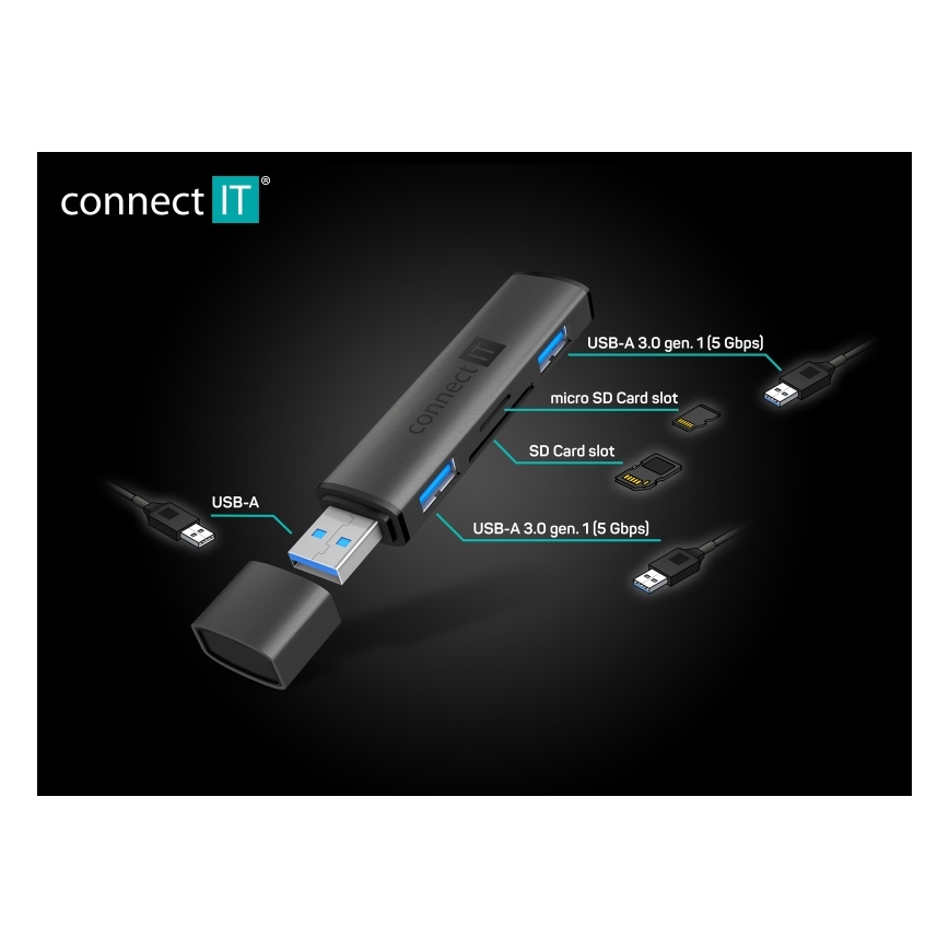 CONNECT IT CHU-4060-AN - USB-A hub ar atmiņas kartes lasītāju 4in1