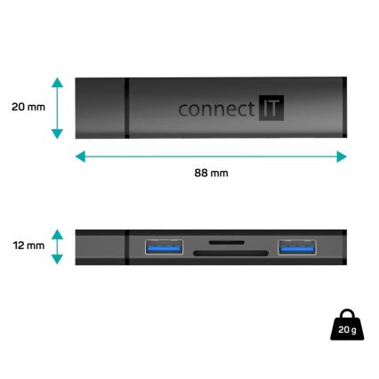 CONNECT IT CHU-4060-AN - USB-A hub ar atmiņas kartes lasītāju 4in1