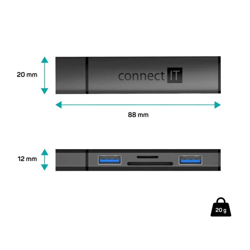 CONNECT IT CHU-4060-AN - USB-A hub ar atmiņas kartes lasītāju 4in1