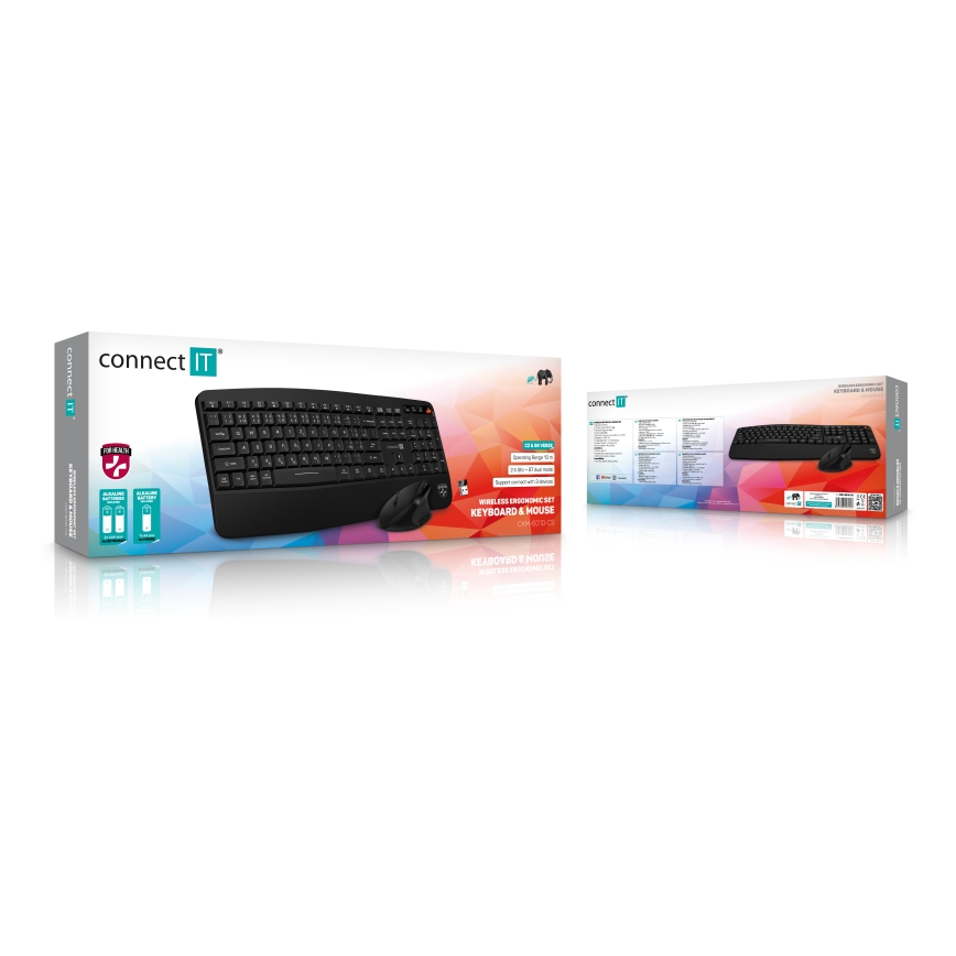 CONNECT IT CKM-6010-CS - Ergonomiska bezvadu tastatūra un pele 800/1200/1600/2400 DPI ar CZ/SK lokalizāciju 1xAA + 2xAAA melna