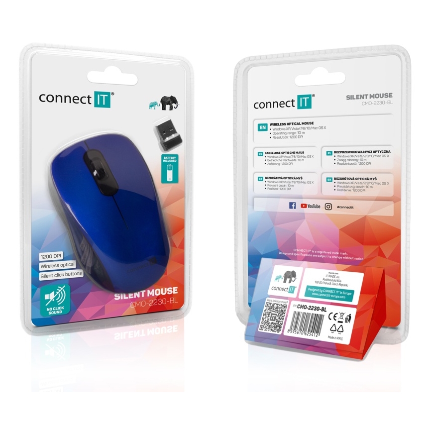 CONNECT IT CMO-2230-BL - Bezvadu klusā pele MUTE 1200 DPI 1xAA melna/zila