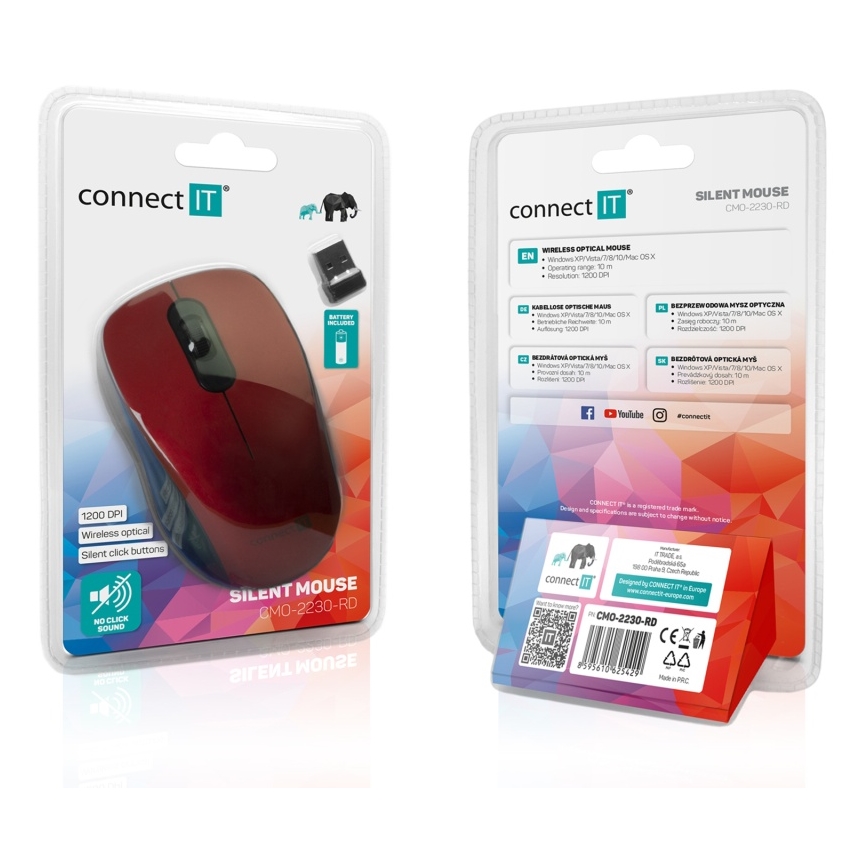 CONNECT IT CMO-2230-RD - Bezvadu klusā pele MUTE 1200 DPI 1xAA melna/sarkana