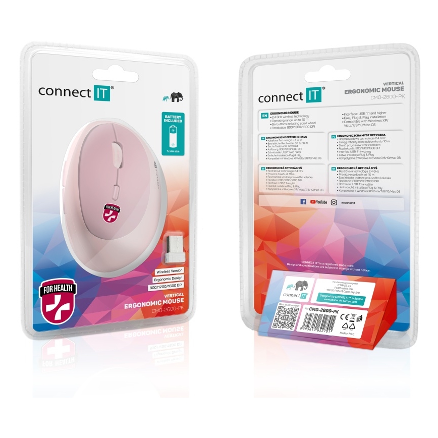 CONNECT IT CMO-2600-PK - ergonomiska bezvadu pele 800/1200/1600 DPI 1xAA rozā
