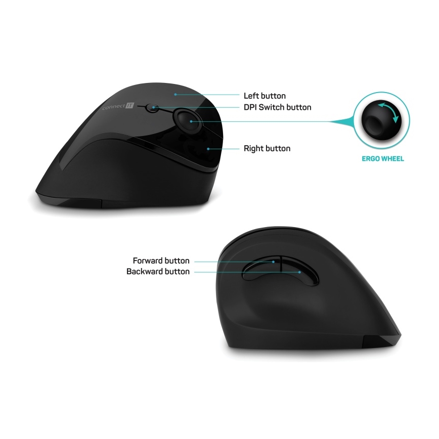 CONNECT IT CMO-2700-BK - Ergonomiska bezvadu pele 800/1200/1600 DPI 1xAA melna