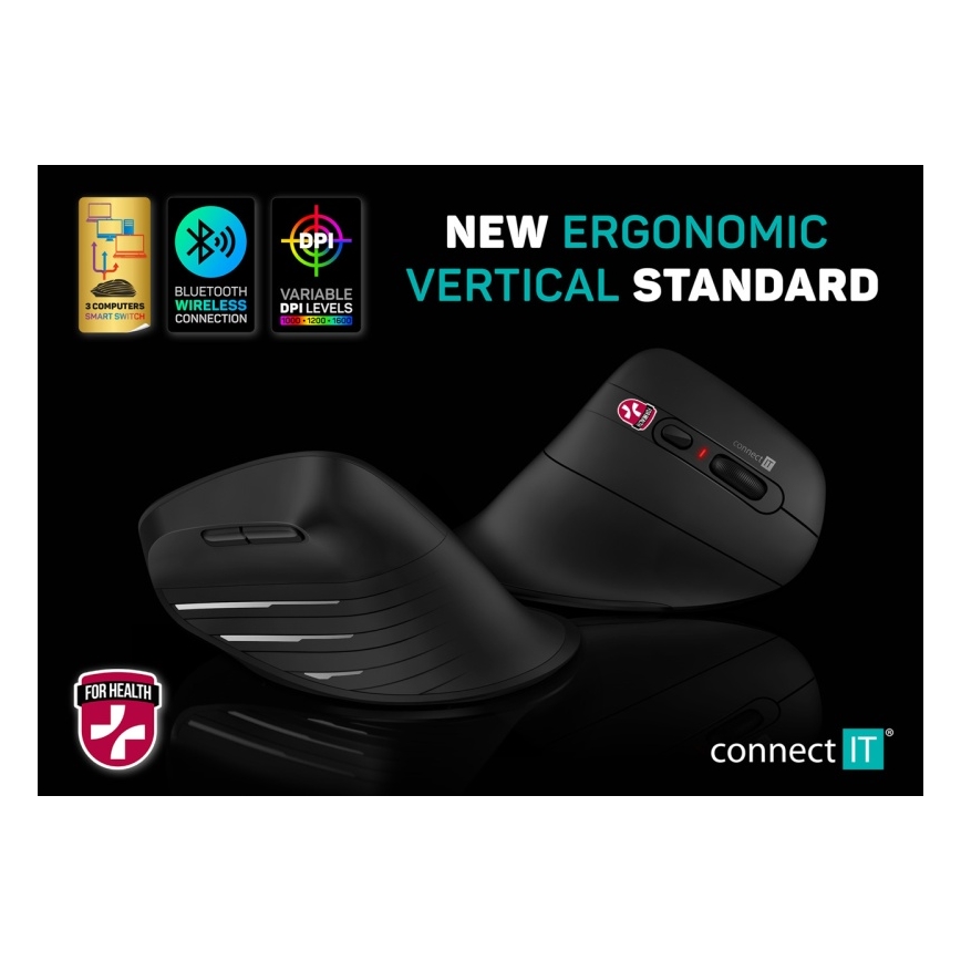 CONNECT IT CMO-2880-BK - Ergonomiskā bezvadu pele Verti TriMode 1000/1600/2400 DPI 2xAAA melna