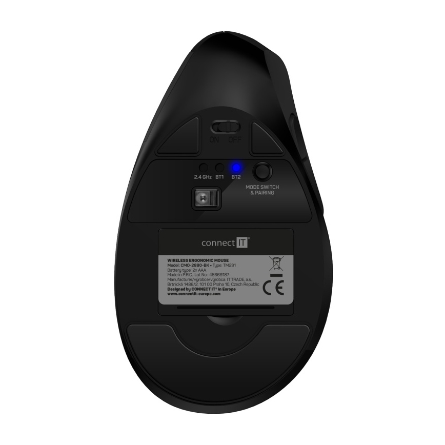 CONNECT IT CMO-2880-BK - Ergonomiskā bezvadu pele Verti TriMode 1000/1600/2400 DPI 2xAAA melna