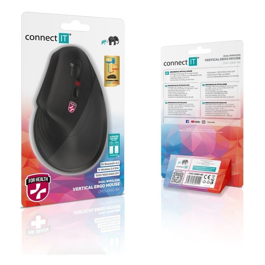 CONNECT IT CMO-2880-BK - Ergonomiskā bezvadu pele Verti TriMode 1000/1600/2400 DPI 2xAAA melna