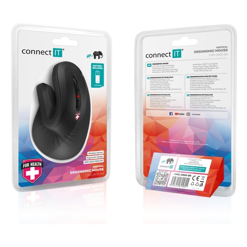 CONNECT IT CMO-2900-BK - Ergonomiska bezvadu pele 800/1200/1600 DPI 1xAA melna