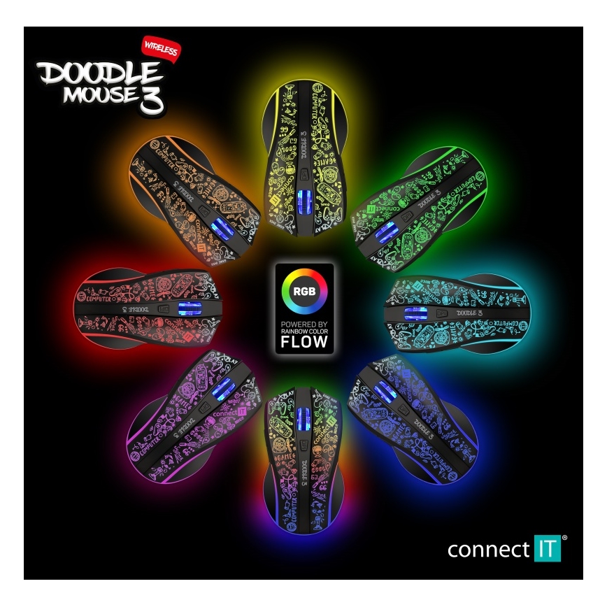 CONNECT IT CMO-3530-DD - LED RGB Bezvadu uzlādējama spēļu pele 800/1200/1600/2400/4800 DPI 600 mAh melna