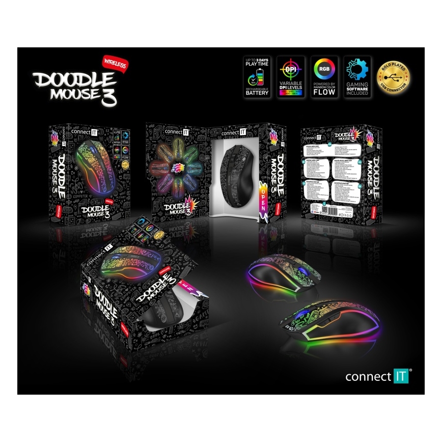 CONNECT IT CMO-3530-DD - LED RGB Bezvadu uzlādējama spēļu pele 800/1200/1600/2400/4800 DPI 600 mAh melna