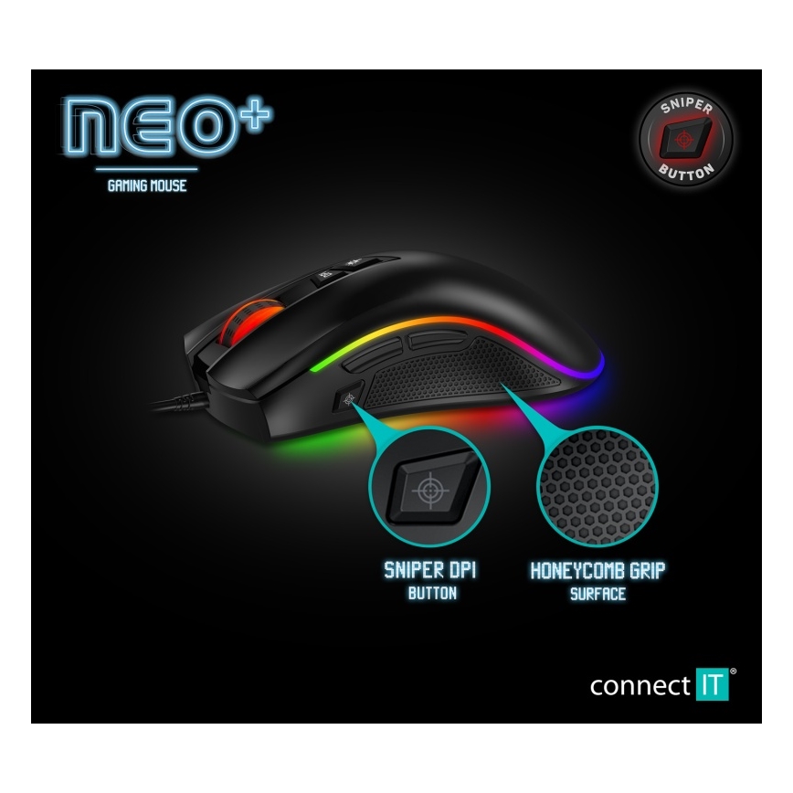 CONNECT IT CMO-3591-BK - LED RGB Vadu spēļu pele 500-7200 DPI melna