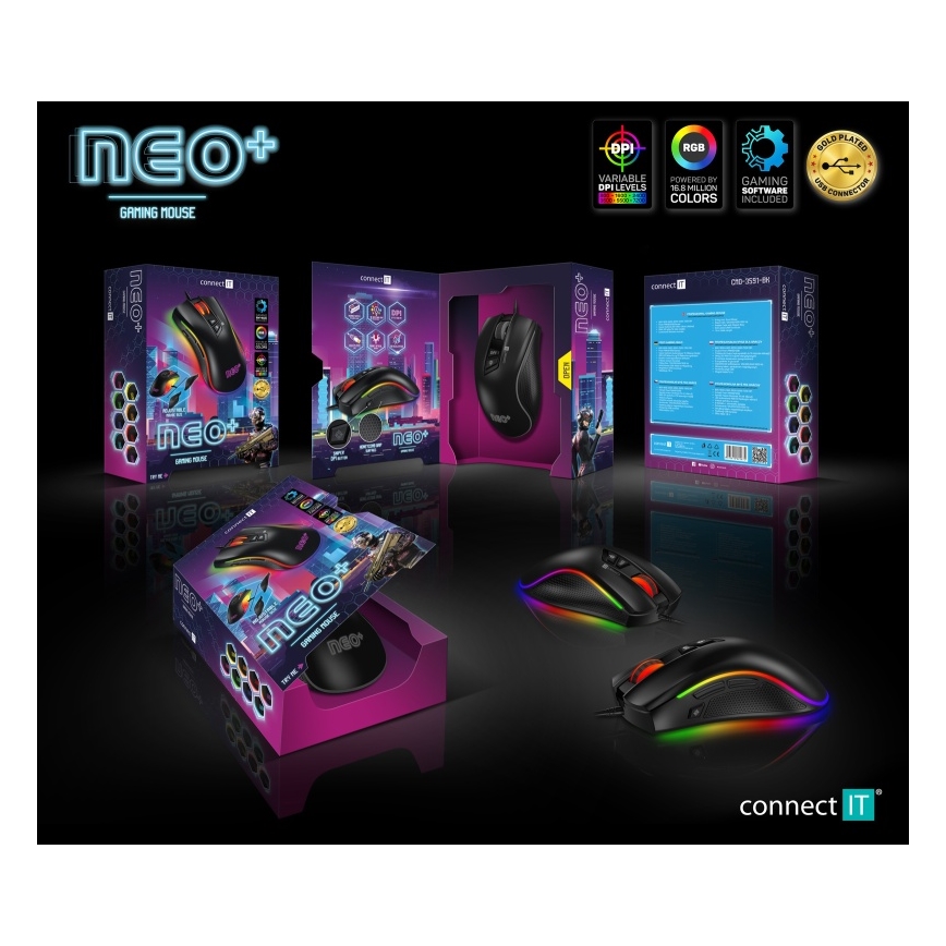 CONNECT IT CMO-3591-BK - LED RGB Vadu spēļu pele 500-7200 DPI melna
