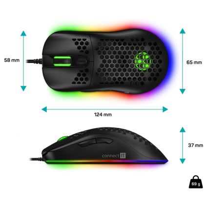 CONNECT IT CMO-5511-BK - LED RGB Vadu spēļu pele 200-12800 DPI melna