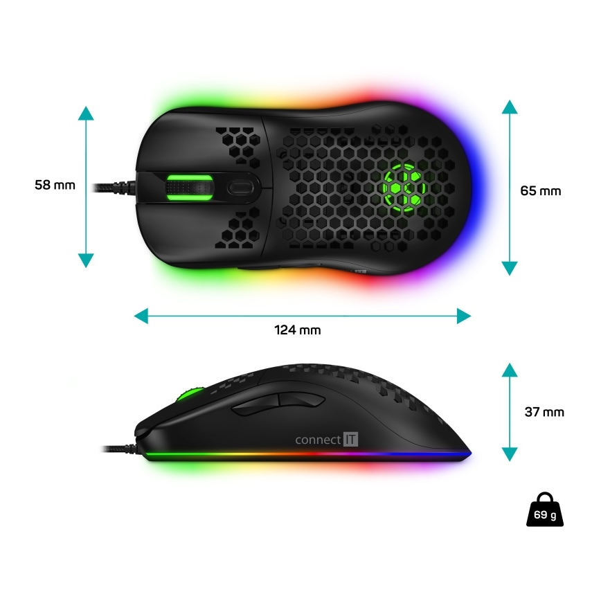 CONNECT IT CMO-5511-BK - LED RGB Vadu spēļu pele 200-12800 DPI melna