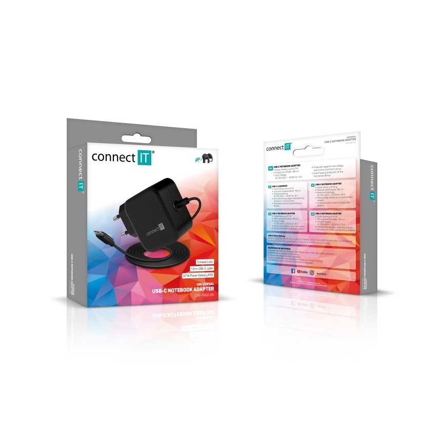 CONNECT IT CNP-1660-BK - Universāls USB-C 67W barošanas adapteris klēpjdatoriem