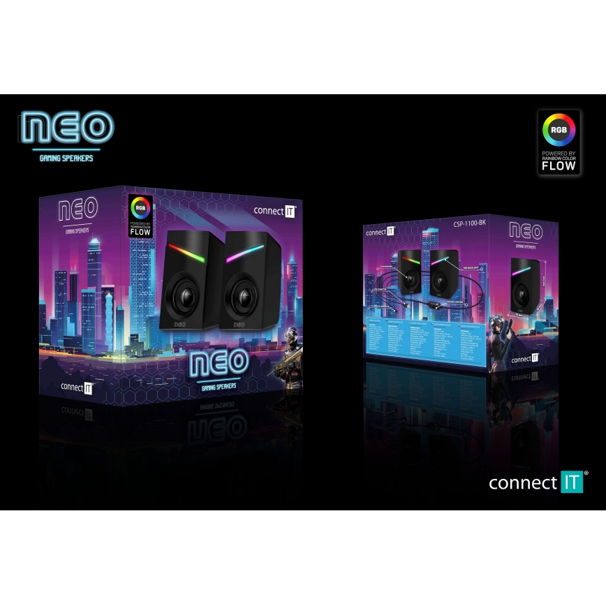 CONNECT IT CSP-1100-BK - KOMPLEKTS 2x LED RGB Gaming skaļrunis 6W/5V melna
