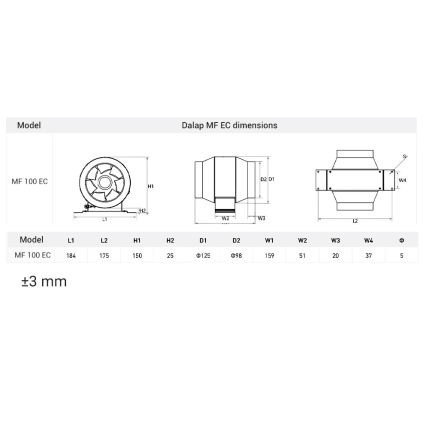 Dalap 24MF100 - Kanāla ventilators ar energoefektīvu motoru un ātruma regulatoru MF 100 EC 18W/230V