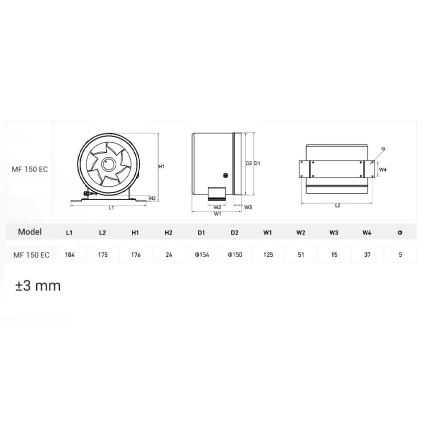 Dalap 24MF150 - Kanāla ventilators ar energoefektīvu motoru un ātruma regulatoru MF 150 EC 40W/230V