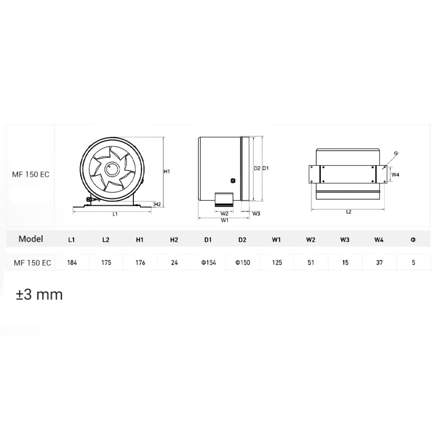 Dalap 24MF150 - Kanāla ventilators ar energoefektīvu motoru un ātruma regulatoru MF 150 EC 40W/230V