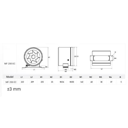 Dalap 24MF200 - Kanāla ventilators ar energoefektīvu motoru un ātruma regulētāju MF 200 EC 75W/230V
