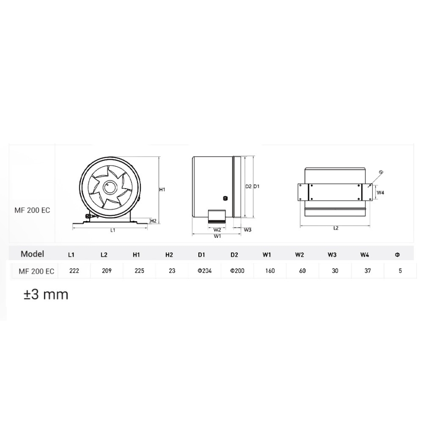 Dalap 24MF200 - Kanāla ventilators ar energoefektīvu motoru un ātruma regulētāju MF 200 EC 75W/230V