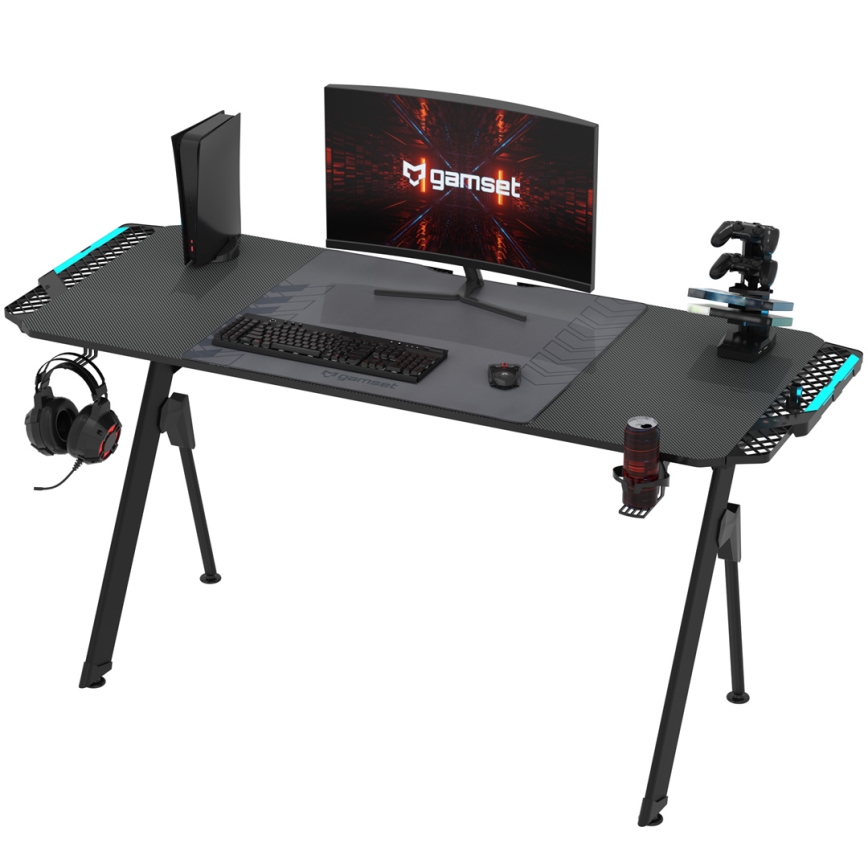 Datorspēļu galds FALCON ar LED RGB fona apgaismojumu 156x60 cm melna