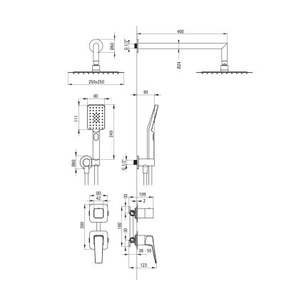 Deante NQL_09YK - Dušas komplekts ar sienā iebūvētu jaucējkrānu BLUR, spīdīgs hroms