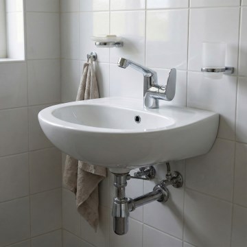 Deante - Sienas piestiprināma izlietne JASMIN 45,7x36,4 + izlietnes jaucējkrāns LEMON