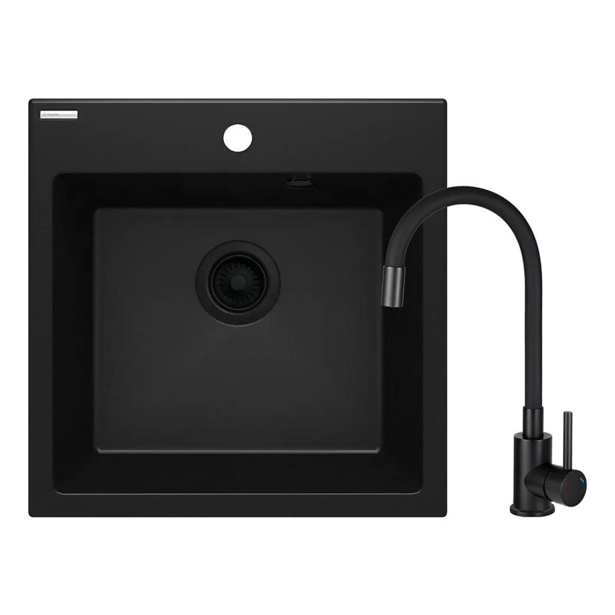Deante ZQJNN103 - Virtuves izlietne EVORA 50x50 cm + Izlietnes jaucējkrāns ar lokanu statīvu granīts/melna